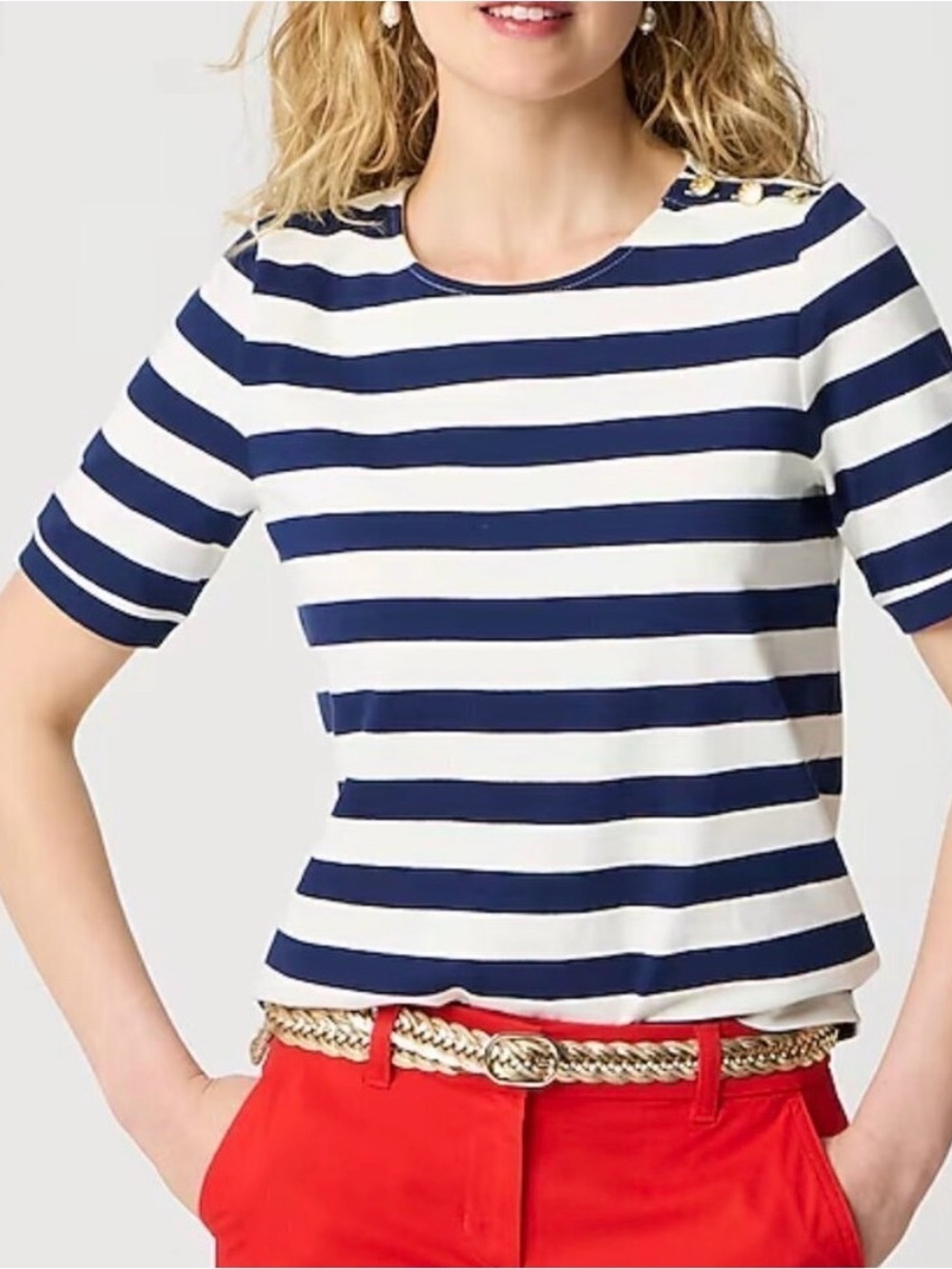 J. Crew Striped Button Shoulder Boatneck Tee
